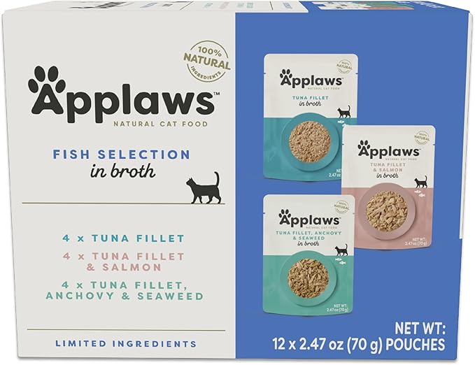 Applaws Natural Wet Cat Food in Broth, Limited Ingredient Wet Cat Food Pouches, No Additives, Made with Natural Ingredients, Cat Food Fish Variety Pack in Broth (12 x 2.47oz Pouches)