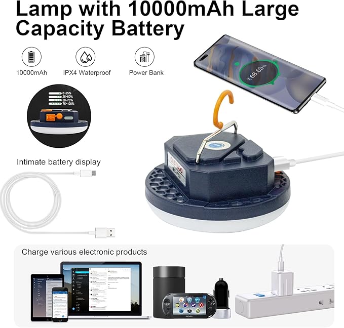 10000mAh 4000LM Flashlight Portable LED Camping Lantern Rechargeable Light 30W with Magnet , IPX4 Waterproof Tent Light Power Failure Emergency Survival Kits Snowstorm Christmas Day Gift (Warm)