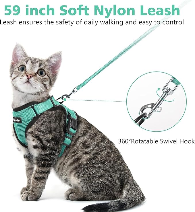 Dooradar Cat Harness and Leash Set, Escape Proof Safe Adjustable Kitten Vest Harnesses for Walking, Easy Control Soft Breathable Mesh Jacket with Reflective Strips for Cats, Green, M
