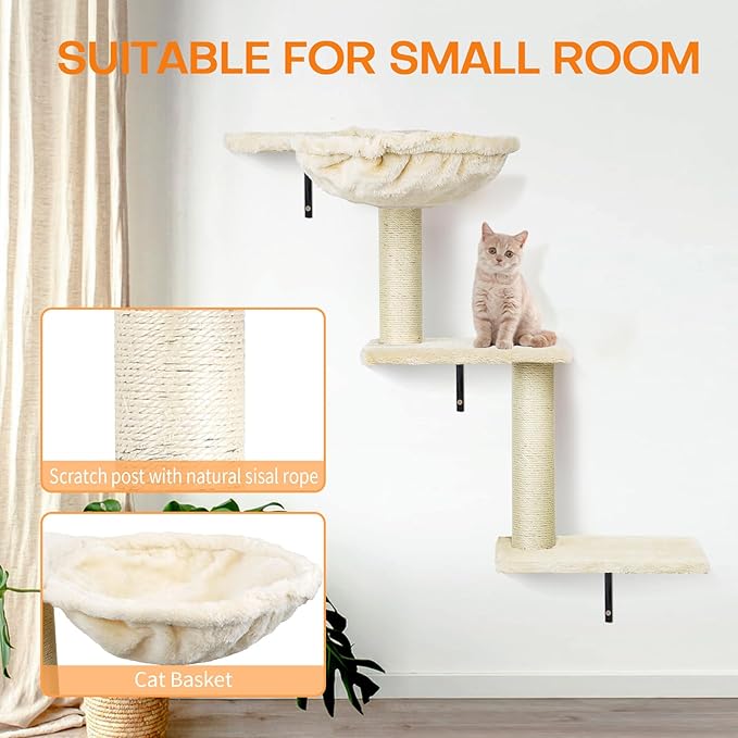 Cat Wall Furniture,Wall-Mounted Cat Climber Set with Cat Wall Shelves, Perches, Condo House, Ladder, Scratching Board & Tree - 5 Pcs Wood Indoor Cat Furniture for Play (Beige)