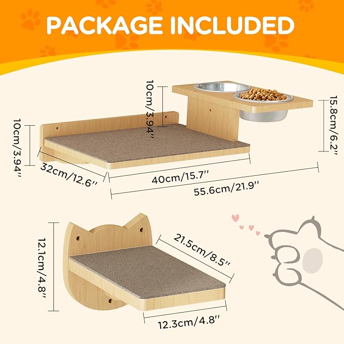MeowHomm Cat Wall Shelves, Wood Cat Wall Furniture with 3 Cat Wall Steps, Cat Feeding Shelf with 2 Cat Food Bowls, Wooden Cat Bed Furniture Wall Mounted