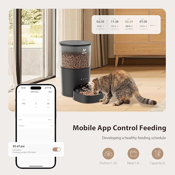 Automatic Cat Feeder with Camera, APP Remote Control, Programmable Cat Food Dispenser, 2-Way Audio, Timed Cat Feeders for Dry Food, 1-8 Meals Per Day for Pets, 10s Voice Recorder(Support 2.4GHz WiFi)