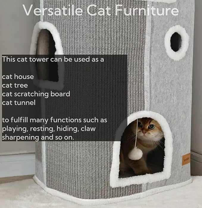 4-Level Cat House for Indoor Cats, Large Adult Cat Peekaboo Cave Bed Cats Cube Houses with Scratch Pad Cat Towers Cute Kitten Condo Hideaway Hut for Multi Pets Under 55 lbs Light Grey