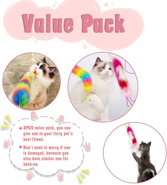2 Pack Cat Wand Toy, Rainbow Cat Feather Toys with Bells, Cat Teaser Wand with Soft Furry Tail, Interactive Cat Toys for Indoor Cats & Kitten & Kitty