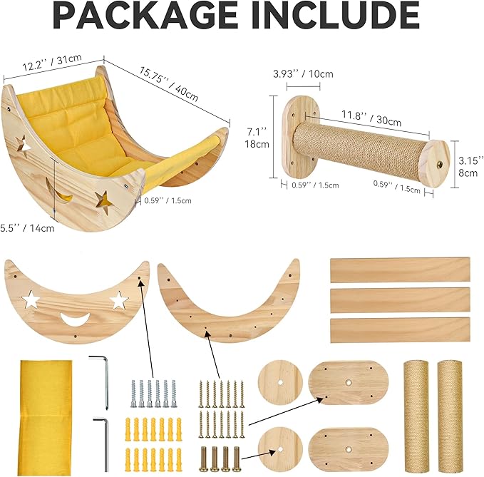 Wall Cat Bed Moon, Cat Hammock Wall Mounted Shelf with 2 Steps Cat Climbing Shelf and Sisal Cat Rope Scratching Post Cat Wall Furniture Cat Bridge Ladder Wooden Indoor Cat Wall Bed-Moon Set