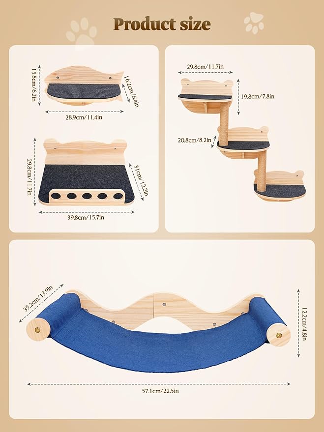 Cat Wall Shelves, Cat Wall Furniture Cat Shelves & Perches for Wall Climbing Cat Wall Steps Set Cat Wall Climber with Cat Hammock, Cat Perch, Sisal Cat Scratching Post