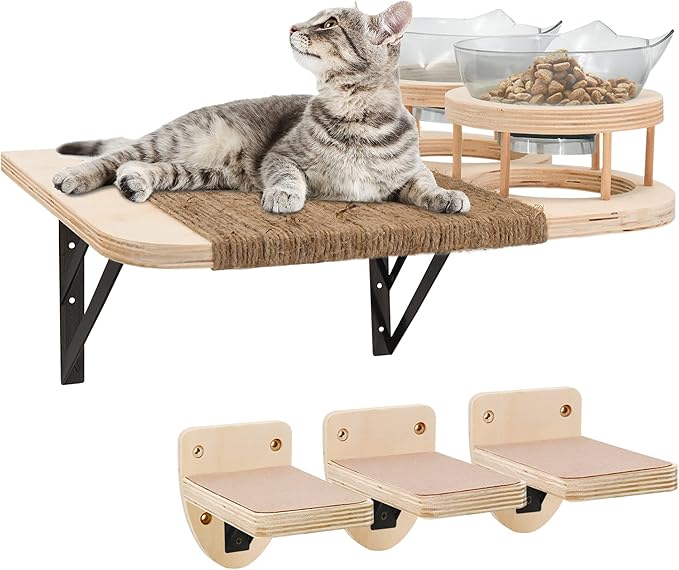 Cat Wall Shelves Cat Hammock with 3 Steps, Cat Shelves and Perches for Wall, Cat Wall Furniture Set, Cat Climbing Shelves Cat Wall Shelf with 2 Cat Food Shelf and Plush Covered, Gift for Cat
