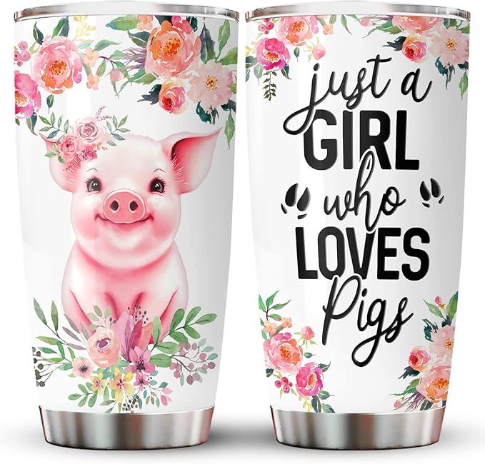 34HD Just A Girl Who Loves Pigs Tumbler with Lid, 20oz Stainless Steel Vacuum Insulated Animal Cup, Farm Animal Gifts for Women Girls Sister Daughter, Pig Birthday Gifts