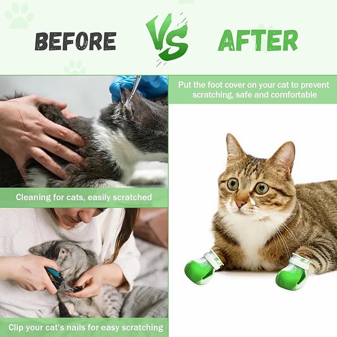 4 Pcs Cat Boots for Cats Only Cat Claw Covers Silicon Cat Mittens to Prevent Scratching Cat Booties for Bathing Nail Clipping Barbering Treatment (Green&White)