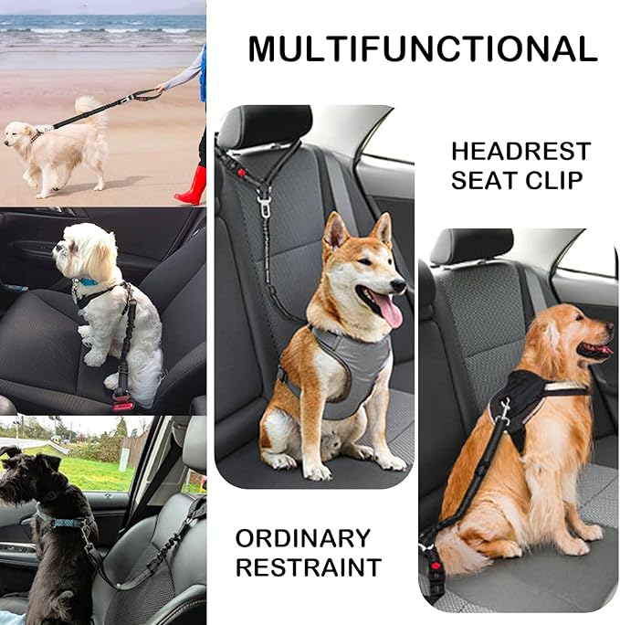 Removable Dog Seat Belt Harness for Car, 3 in 1 Pet Dog Car Seatbelt Leash, Retractable Restraint Secures to Vehicle Headrest & Adjustable Reflective Dog Seatbelt Tether