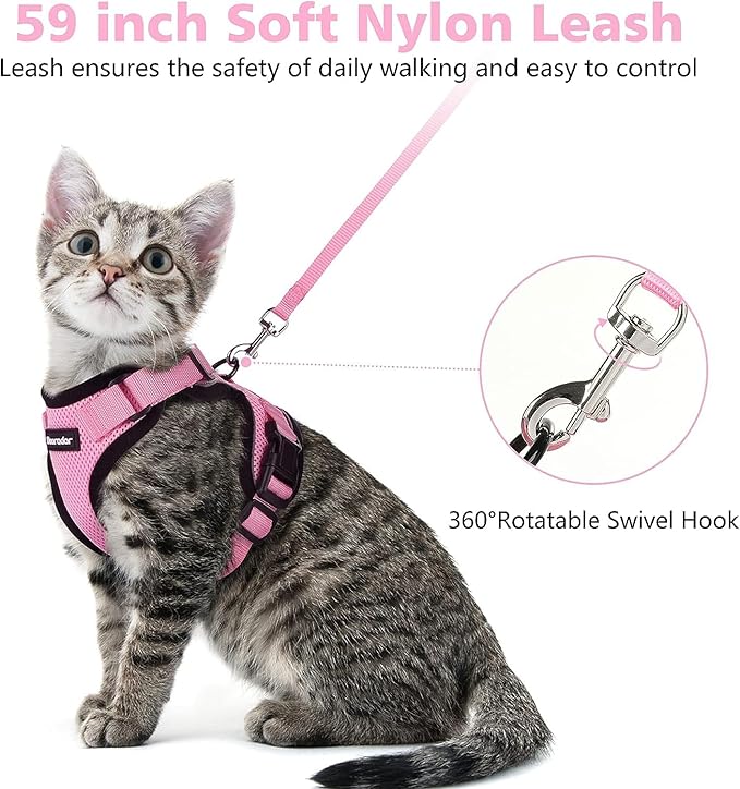 Dooradar Cat Harness and Leash Set, Escape Proof Safe Adjustable Kitten Vest Harnesses for Walking, Easy Control Soft Breathable Mesh Jacket with Reflective Strips for Cats, Pink, M