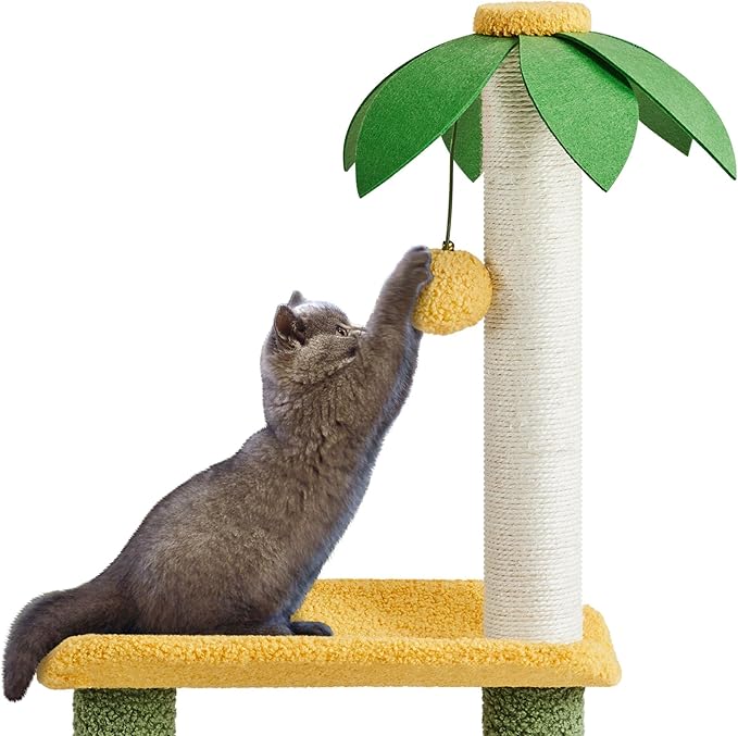 Yaheetech Cat Scratching Post, 37in Cute Coconut Palm Cat Scratcher w/Natural Sisal Rope, Coco Leaf, Dangling Pompom, Bending Perch, Cozy Condo Cat Scratching for Indoor Cats, Green/Yellow