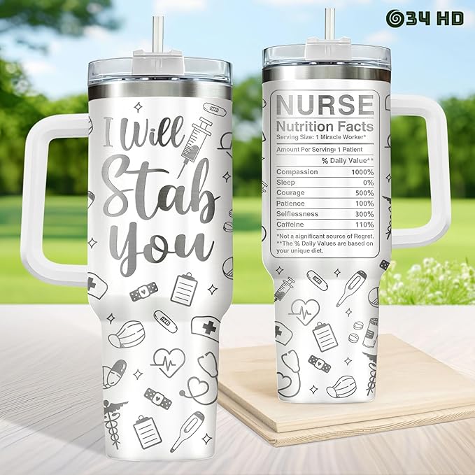 34HD Nurses Day Gifts, Engraved Nurse Tumbler with Handle and Straw 40oz, I Will Stab You Nurse Travel Cup, Funny Gifts for Healthcare Staff Coworkers Student