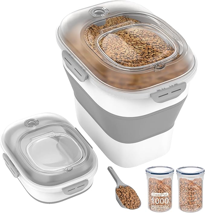 32-35 Lbs Dog Food Storage Container,Collapsible Dog Food Container with Clear Airtight Lid,Wheels,Date Track,Pet Food Storage Container for Rice,Flour,Sugar,Dog Food Scoop and 2PCS Containers