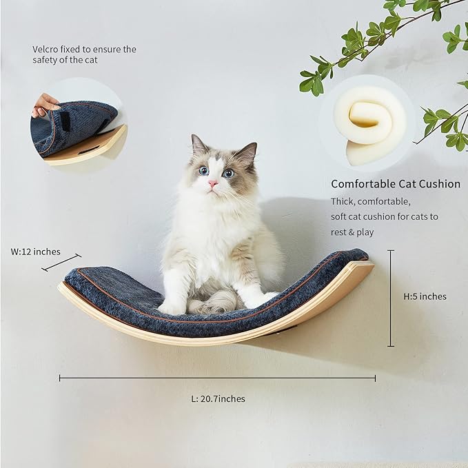 Cat Shelf with Comfortable Cat Cushion - Curved Modern Cat Bed (Large Size) - Lotus Leaf Design Cat Wall Perch - Wall Mounted Cat Furniture for Sleeping, Playing, Climbing, and Lounging