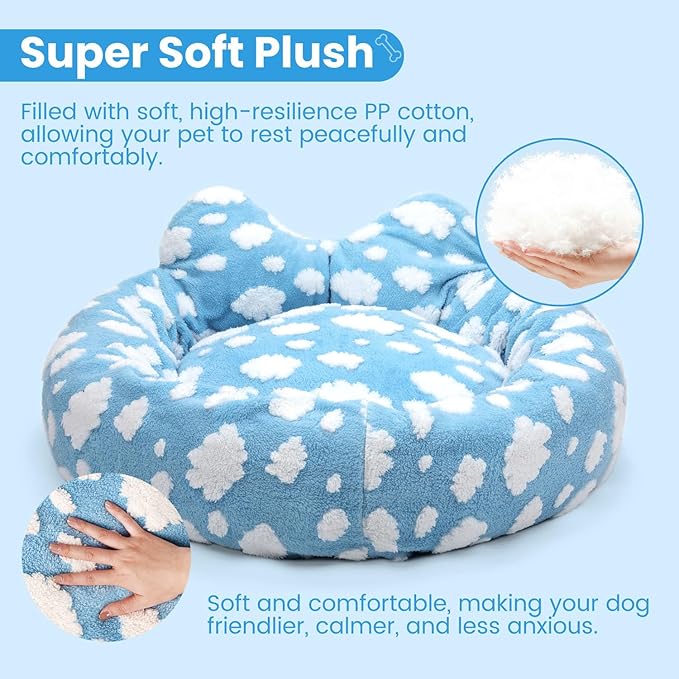 Cat Bed & Dog Bed, Removable Cozy Soft Cat Bed Washable Round Cute Dog Bed with Jacquard for Small Medium Cats and Dogs, Blue Sky L