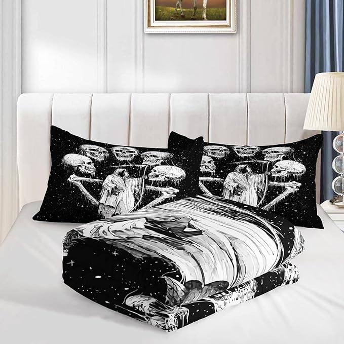 AILONEN Skull Comforter Set, Skull Bedding Set for Boys, Twin Size Skeleton Theme Quilted Duvet, 3 Piece Set (1 Comforter, 2 Pillowcases)
