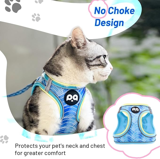 Cat Vest Harness Leash Set: Escape Proof & Reflective Kitten Soft Mesh Vest for Small Medium Large Puppy Pets Walking Hiking and Traveling(Large,Blue)