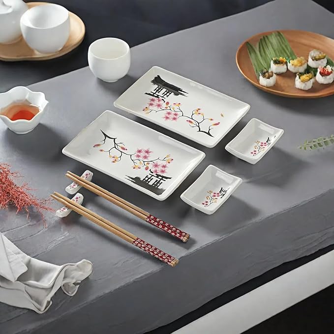 8 pcs Japanese Sushi Plate Sets Serving Platters and Trays for Entertaining Sushi Dishes Set Plates Sushi Plates Traditional Cuisine Dinnerware Sets with Chopsticks Pink Sakura