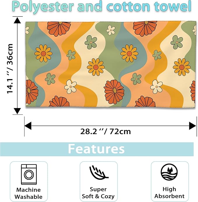 2 Pack Hand Bath Towel,Retro 70s Groovy Flower Hippie Fingertip Towel Bathtub Decorative Bath Towel Bathroom Kitchen Towel Set Highly Absorbent SPA Gym Towels 14x28 Inch