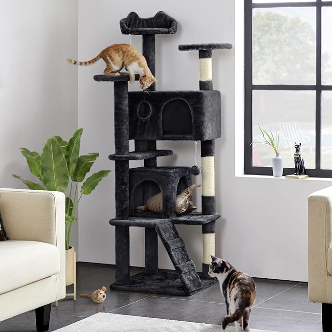 Yaheetech 62in Cat Tree Cat Tower for Indoor Cats, Cat Furniture w/Double Cat Condo, Scratching Posts, Multiple Platforms and Balls for Kittens & Cats, Black