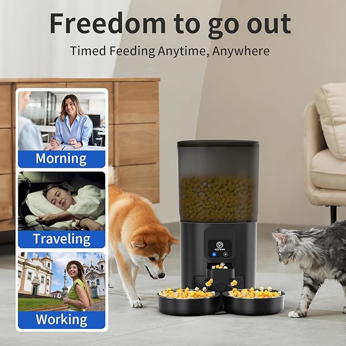 7L Automatic Cat Feeders for 2 Cats - 2.4G WiFi Timed Auto Feeder with APP Control for Remote Feeding, Cat Food Dispenser with Alexa, Detachable for Easy Clean, 1-10 Meals Per Day - Black
