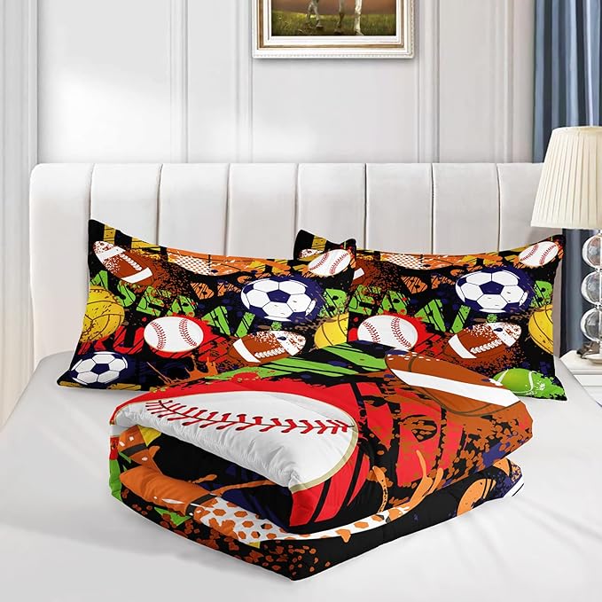 AILONEN Football Comforter Set for Teen Boys, Sport Bed in a Bag Bedding Sets,Basketball Theme Quilted Duvet Full Size for Boys,1 Comforter 2 Pillowcases 3 Piece