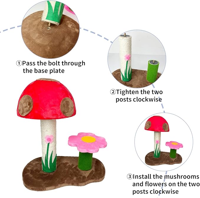 Fhiny Mushroom Cat Scratching Post, Natural Sisal Kitten Scratcher Claw Pole Cute Kitty Toy for Indoor Kitten Training Interactive Small Cats Tree