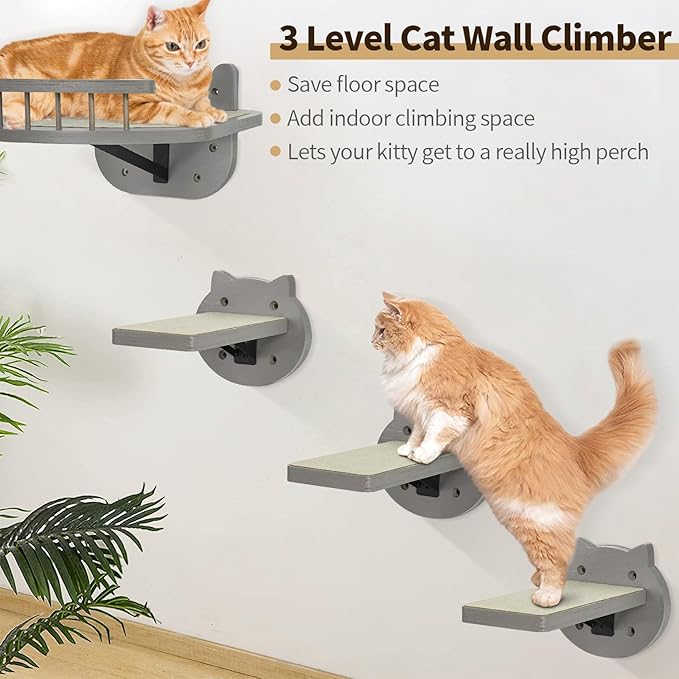 Y&ME YM Cat Wall Shelves, Cat Shelves and Perches for Wall, Wood Cat Wall Furniture with 3 Cat Wall Steps Cat Scratch Post, Indoor Cat Climbing Shelf (Gray)