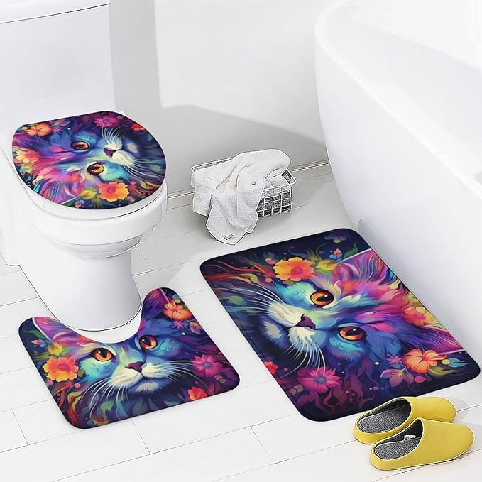 4Pcs Modern Colorful Cat Shower Curtain Sets with Non-Slip Rugs, Toilet Lid Cover and U Shape Bath Mat, Funny Abstract Flower Animal Bathroom Sets Waterproof Shower Curtains with 12 Hooks