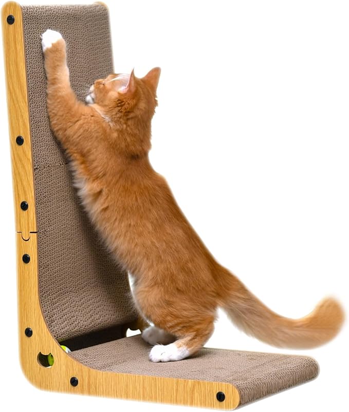 Cat Scratcher Cat Claw Board L-Shaped Vertical Simple and Durable Cat Claw Board Not Easy to Drop Scraps Belt Bell Ball Cat Scratching Board (Grainy)
