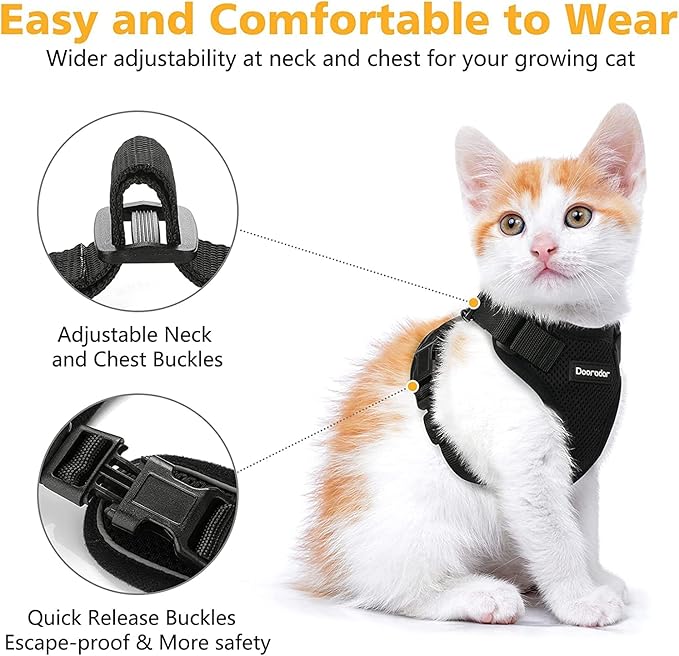 Dooradar Cat Harness and Leash Set, Escape Proof Safe Adjustable Kitten Vest Harnesses for Walking, Easy Control Soft Breathable Mesh Jacket with Reflective Strips for Cats, Black, S