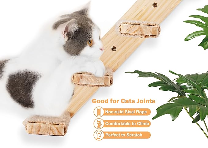 Cat Climbing Shelves Four Stair Shelf Wall Mounted Reversible Left & Right Direction, Cat Stairway Shelf for Climbing with Sisal Rope Ladder Cat Wall Furniture