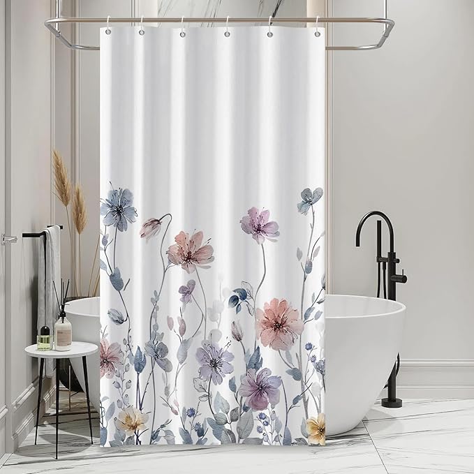 AWERT Wildflower Stall Shower Curtain for Bathroom Watercolor Floral Half Size Shower Curtain with Hooks Waterproof Flower Printing Fabric Bathroom 36x72inch