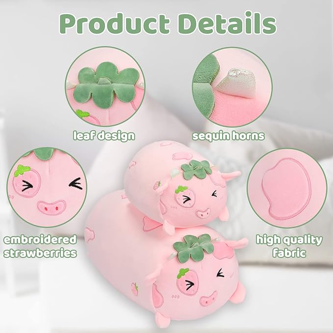 AIXINI Cute Strawberry Cow Plush Pillow 8” Cow Stuffed Animal, Soft Kawaii Plushies Hugging Plush Pillow Toy Gifts