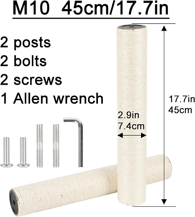 2.9in 7.4cm Diameter Scratching Post Replacement Pole Parts for Cat Tree (M10, 45cm/17.7in)
