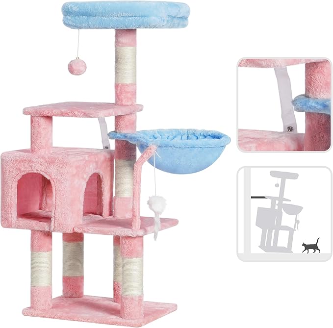 Heybly Cat Tree with Toy, Cat Tower condo for Indoor Cats, Cat House with Padded Plush Perch, Cozy Hammock and Sisal Scratching Posts, Blue and Pink HCT004SBP