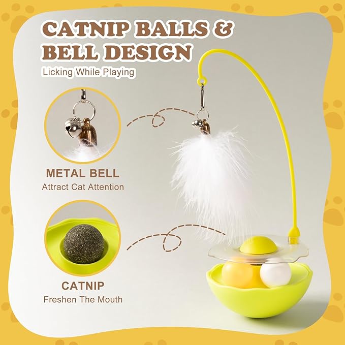 3-in-1 Tumbler Catnip Toy Interactive Cat Toys Cat Teaser with Feather and Bell, Track Balls Kitten Toys for Indoor Cats 9.8'' High (Yellow)