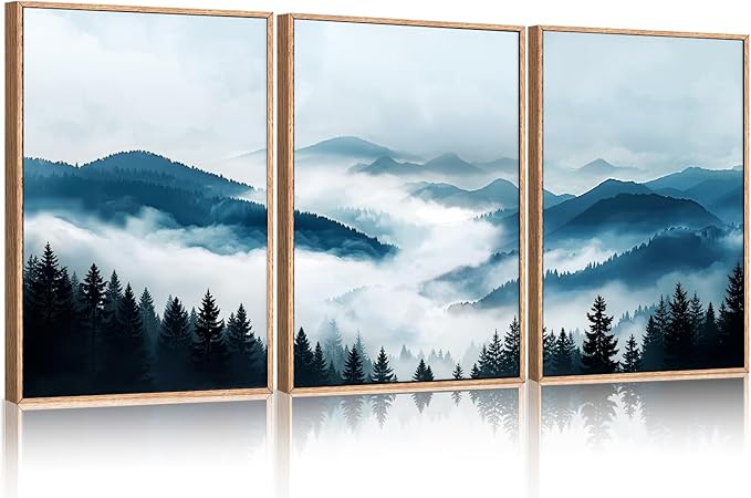 Ausril Blue Boho Mountain Framed Canvas Wall Art Set, Watercolor Misty Forest Wall Decor, Foggy Pine Tree Wall Painting, Nature Mountain Landscape Art Print for Living Room, Bedroom, Office 16"x24"x3