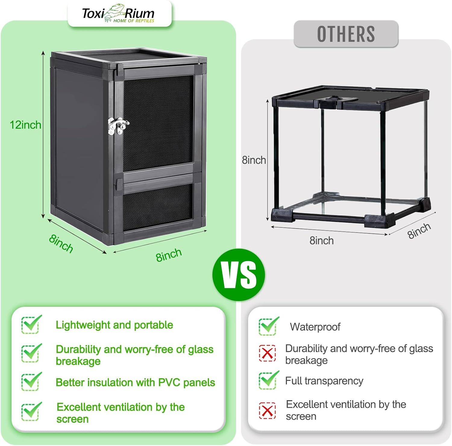 8" x 8" x 12" Small Reptile Cage, Rainforest Habitat with Screen Door, Ventilated Terrarium for Lizards, Frogs, Snakes, Easy Assembly