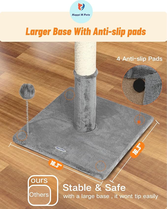 Happi N Pets 26" Cat Scratching Post with Perch, Natural Sisal Scratchers Trees for Indoor Cats, Featuring with Hanging Balls & Cozy Cat Bed, Stable Cat Scratch Posts for Kittens-Light Gray