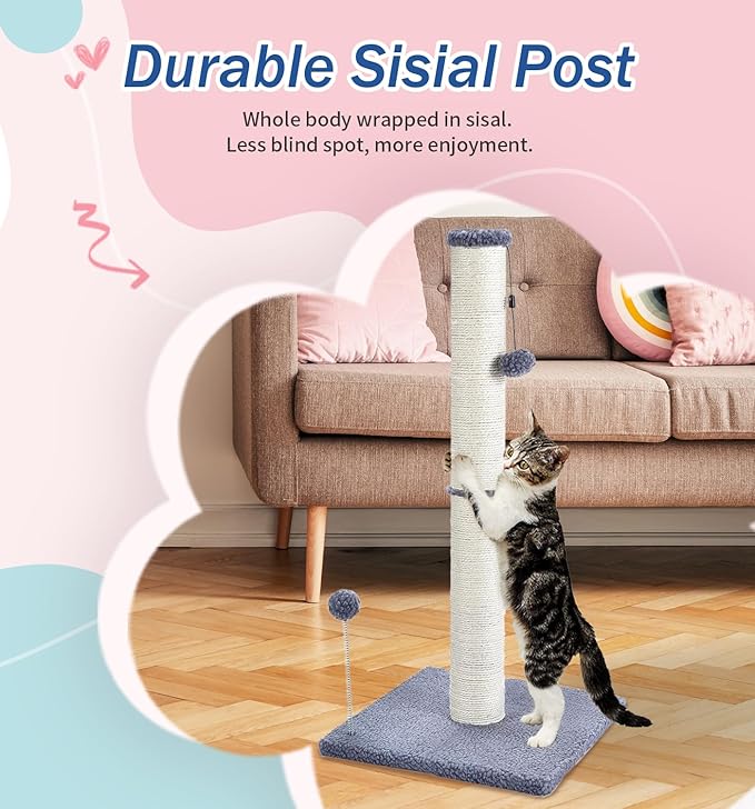 Cat Scratching Post 32" Tall Scratching Post Kitten Scratcher Sisal Scratch Posts Basic with Hanging Ball for Indoor Cats, Integrated Cat Toys, Gray