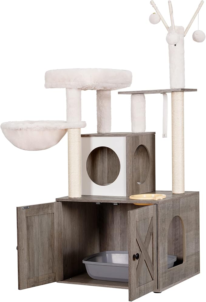Heybly Cat Tree, Wood Litter Box Enclosure with Food Station, All-in-one Indoor Cat Furniture with Large Platform and Condo, Modern Style Cat Tower, Hammock, Rustic Brown HCT102SG
