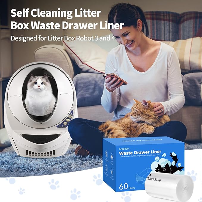 60 Pack Litter Box Robot 3 4 Waste Bags, Self Cleaning Cat Litter Box Robot Waste Liner Bags Replacement, Heavy Duty 9-11 Gallons of Capacity
