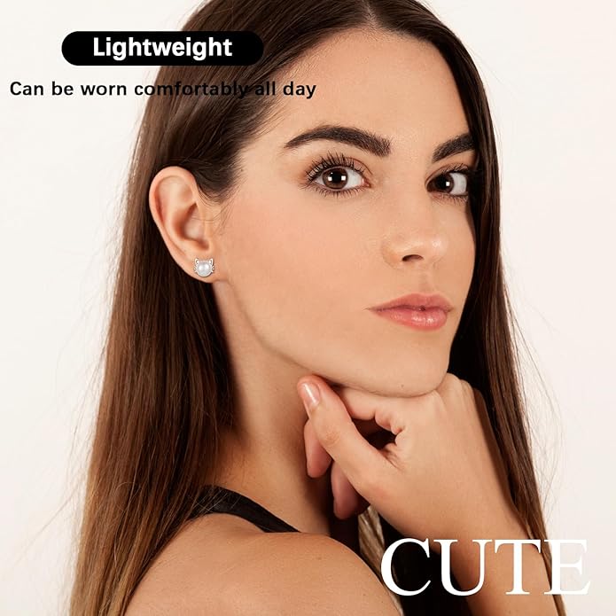 925 Sterling Silver Freshwater Pearl Cat Stud Earrings for Women, Cat CZ Studs Hypoallergenic Jewelry Gift