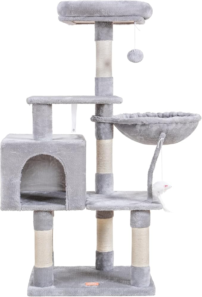 Heybly Cat Tree with Toy, Cat Tower condo for Indoor Cats, Cat House with Padded Plush Perch, Cozy Hammock and Sisal Scratching Posts, Light Gray HCT004W