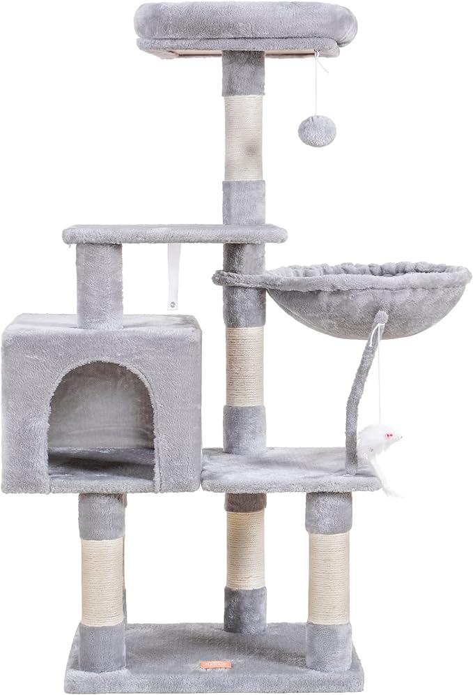Heybly Cat Tree with Toy, Cat Tower condo for Indoor Cats, Cat House with Padded Plush Perch, Cozy Hammock and Sisal Scratching Posts, Light Gray HCT004W