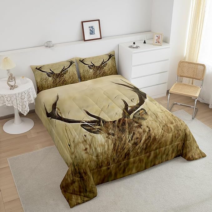 Antler Comforter Set King, Whitetail Deer Down Comforter, Stag Quilted Duvet, Countryside Rural Hunting Theme Comforter Set for Christmas Decorations Bedroom Decor All Season, Ultra Lightweight