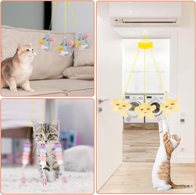 8PC Interactive Cat Toy Cat Feather Toy, Hanging Cat Toy Cat Door Toy Retractable Cat Teaser Hunting Toy, Door Hanging Kitten Mouse Toy Door Frame Hanger for Indoor Cat Mental Physical Play