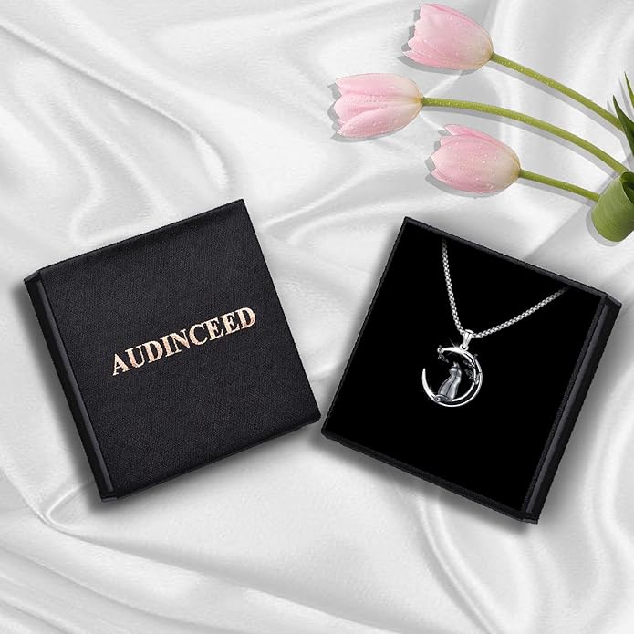 AUDINCCED Black Cat Necklace Turtle Necklace Gothic Jewelry Butterfly Necklace Cat Necklace 925 Sterling Silver Crescent Moon Necklace for Women Cat Gifts for Cat Lovers